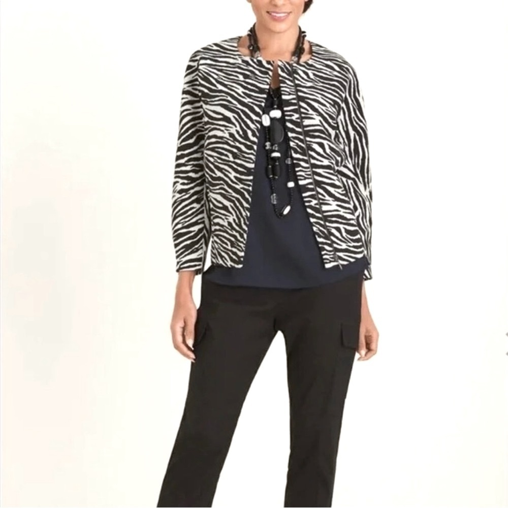 Chico’s Zebra Jacquard Knit Jacket | Black White Animal Print Blazer | Size XS